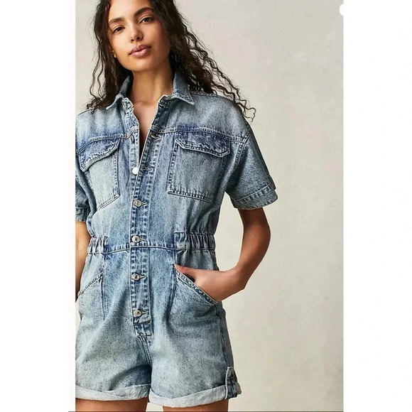 NWT Free People We The Free Marci Denim One Piece Romper Jeans Shortalls Blue - Picture 10 of 10